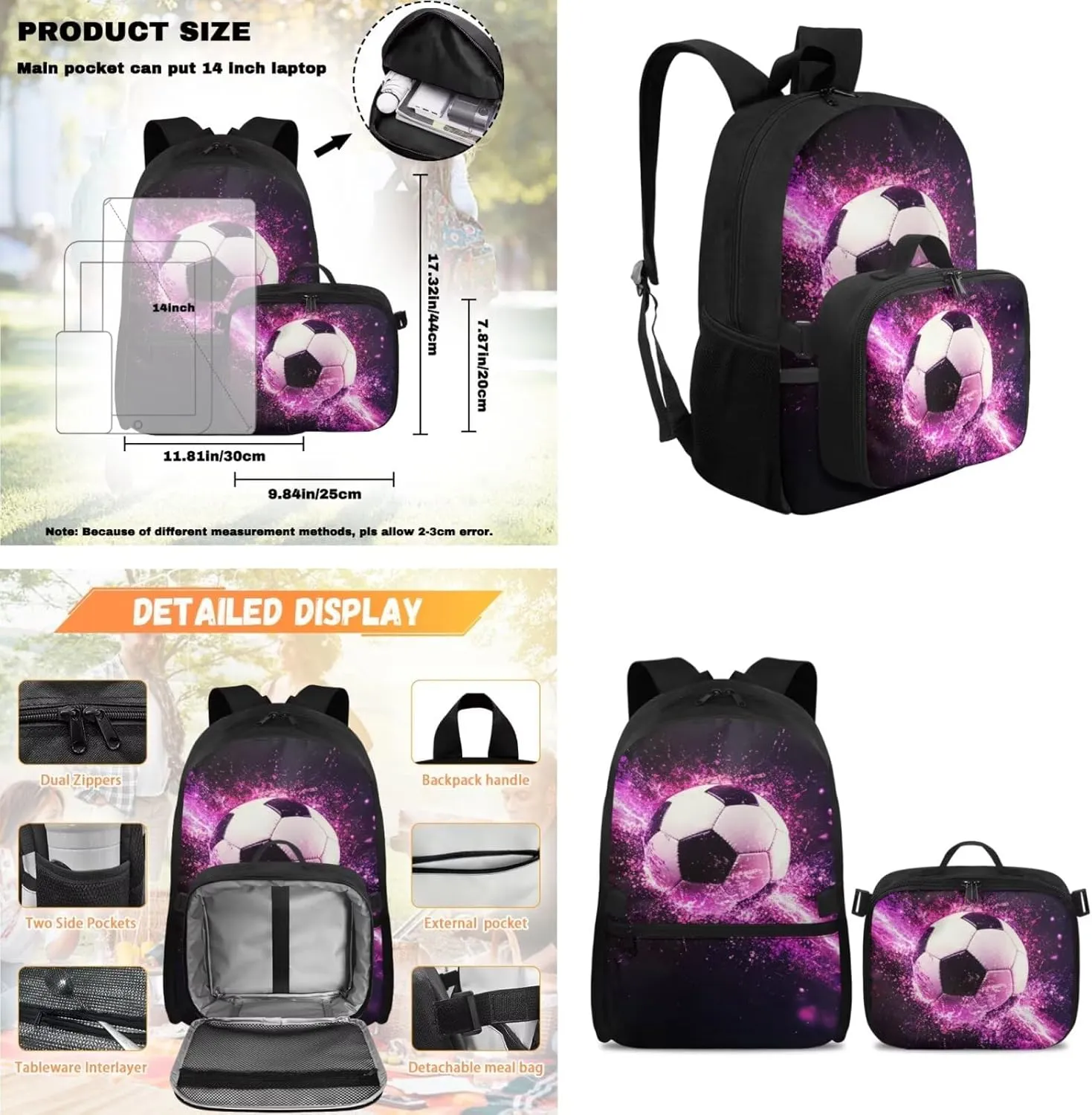 HUGS IDEA 3D Football Backpack for Boys for School Cool Soccer Bookbag and Lunch Box Set for Boys 17 Inch Elementary School Backpack for Kids Lightweight Book Bag for 2nd Grade
