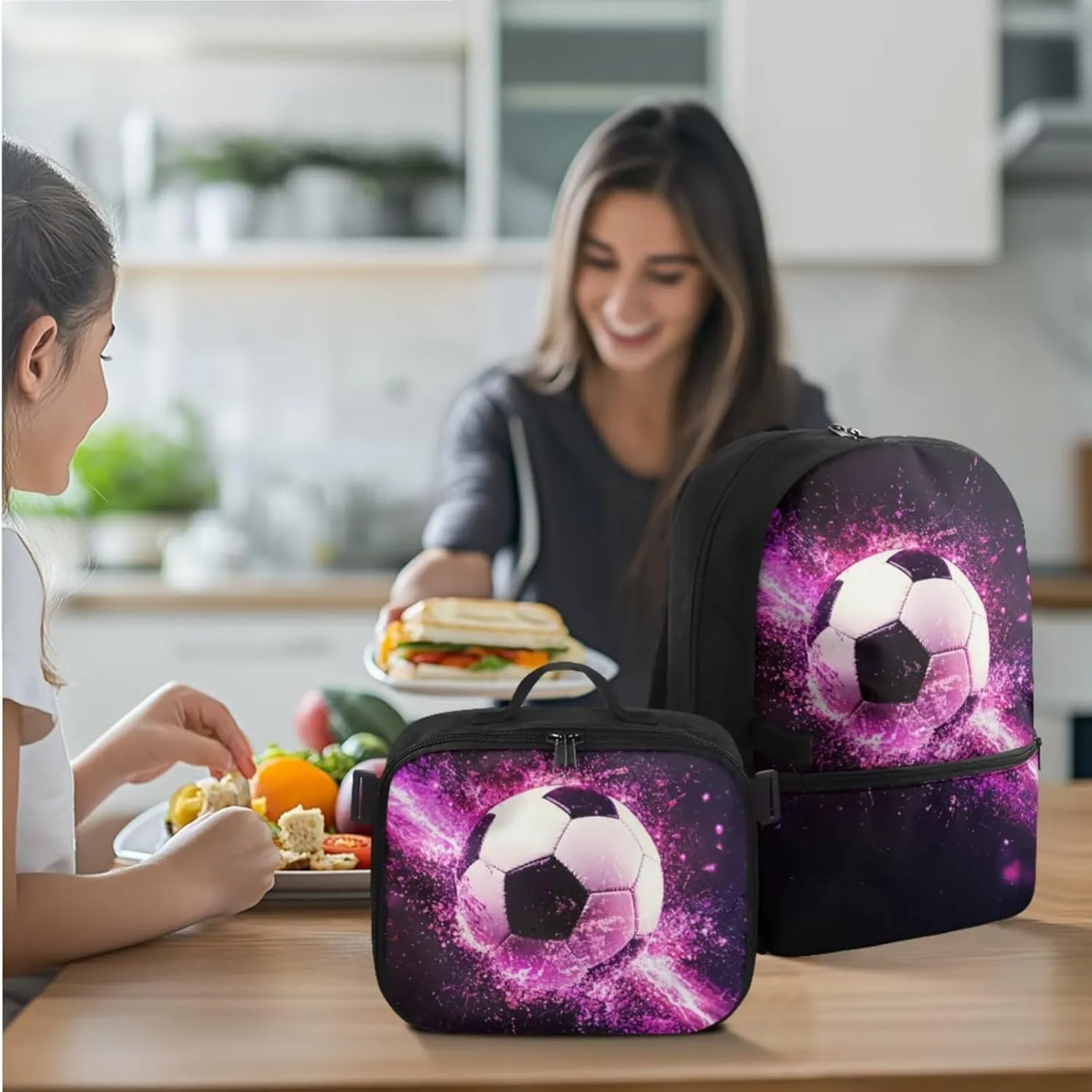 HUGS IDEA 3D Football Backpack for Boys for School Cool Soccer Bookbag and Lunch Box Set for Boys 17 Inch Elementary School Backpack for Kids Lightweight Book Bag for 2nd Grade