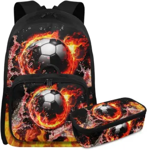 HUGS IDEA Cool Fire Soccer Kids Backpack Set for Boys Cool Football Bookbag for Kids 4-6 Preschool Backpack for Boys 3 in 1 School Bag with Lunchbox Multifunctional Pencil Case for Kids