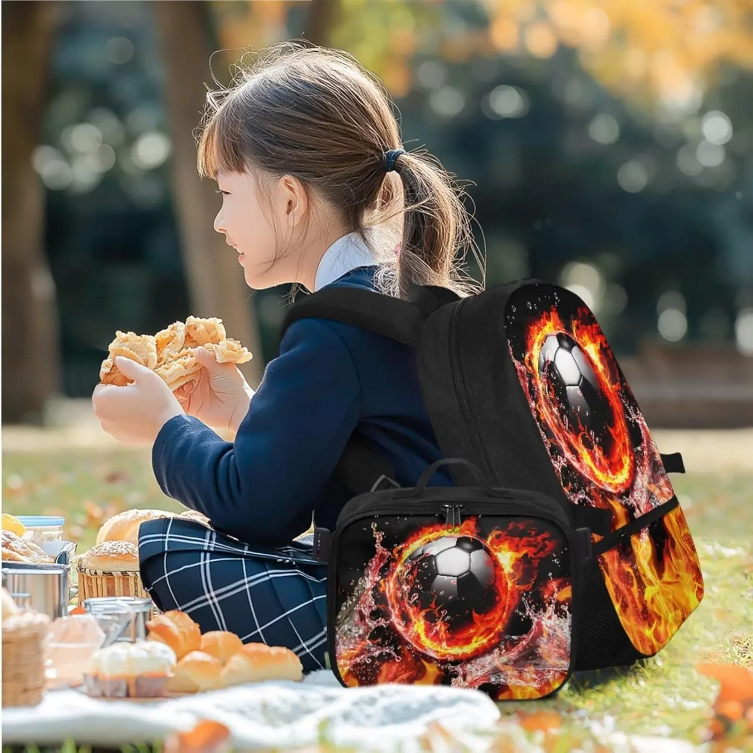 HUGS IDEA Cool Fire Soccer Kids Backpack Set for Boys Cool Football Bookbag for Kids 4-6 Preschool Backpack for Boys 3 in 1 School Bag with Lunchbox Multifunctional Pencil Case for Kids