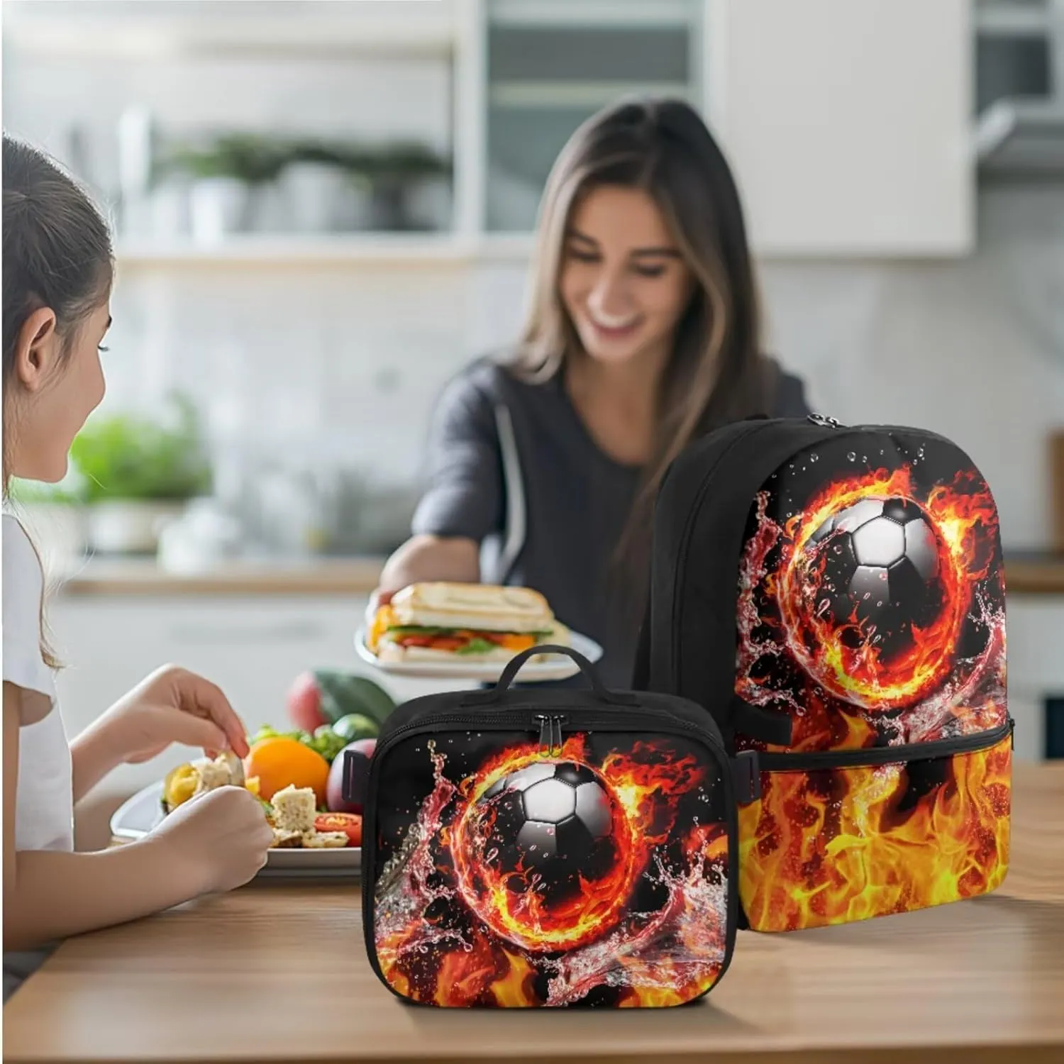 HUGS IDEA Cool Fire Soccer Kids Backpack Set for Boys Cool Football Bookbag for Kids 4-6 Preschool Backpack for Boys 3 in 1 School Bag with Lunchbox Multifunctional Pencil Case for Kids