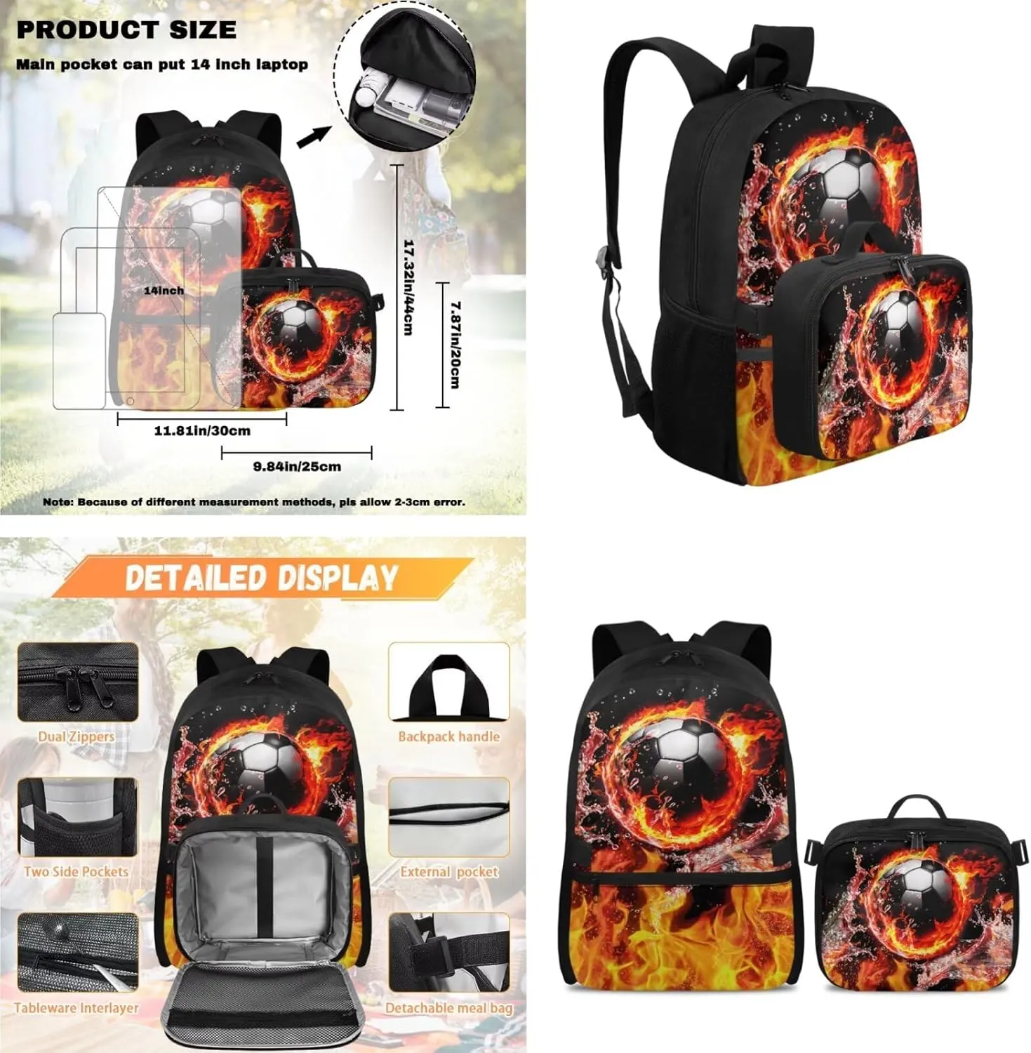 HUGS IDEA Cool Fire Soccer Kids Backpack Set for Boys Cool Football Bookbag for Kids 4-6 Preschool Backpack for Boys 3 in 1 School Bag with Lunchbox Multifunctional Pencil Case for Kids