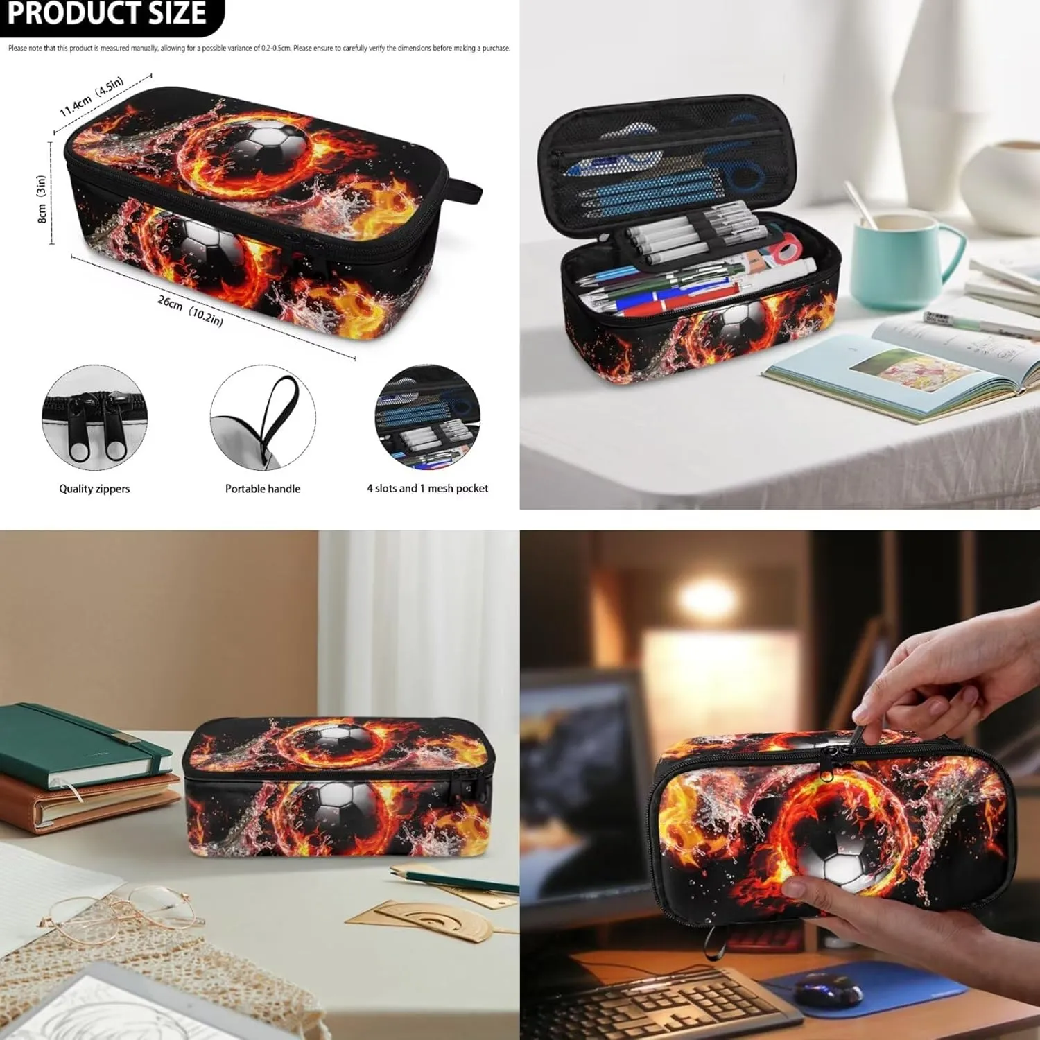 HUGS IDEA Cool Fire Soccer Kids Backpack Set for Boys Cool Football Bookbag for Kids 4-6 Preschool Backpack for Boys 3 in 1 School Bag with Lunchbox Multifunctional Pencil Case for Kids