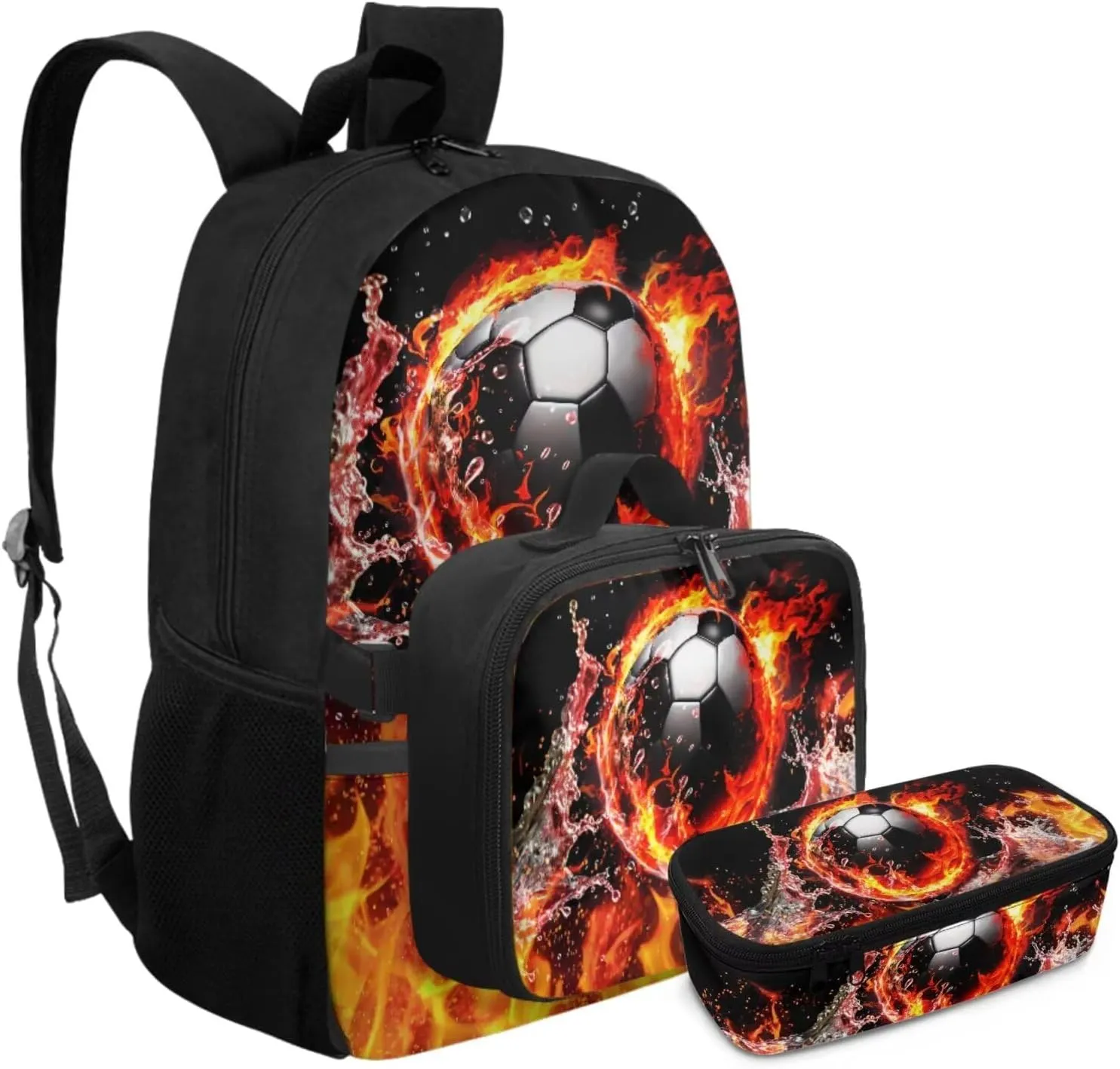 HUGS IDEA Cool Fire Soccer Kids Backpack Set for Boys Cool Football Bookbag for Kids 4-6 Preschool Backpack for Boys 3 in 1 School Bag with Lunchbox Multifunctional Pencil Case for Kids