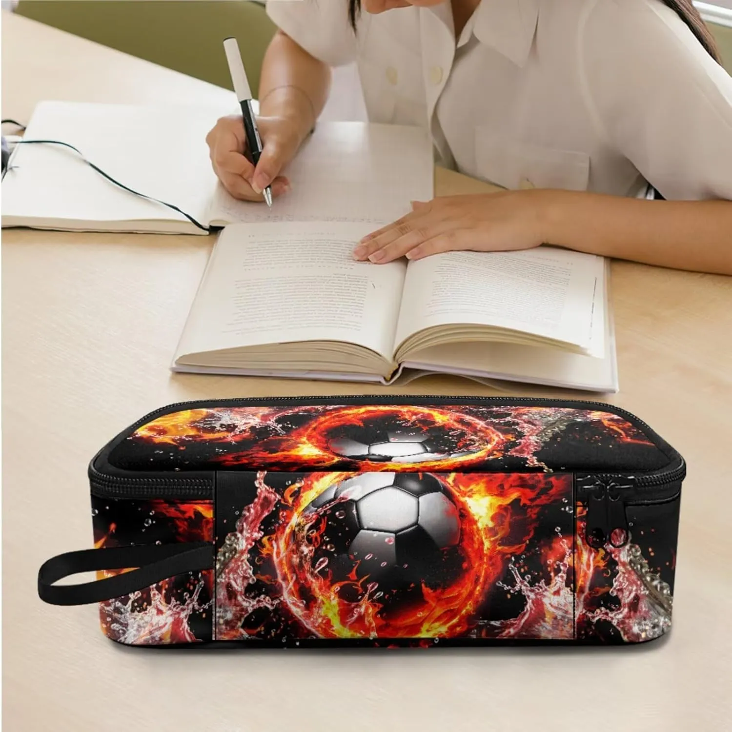 HUGS IDEA Cool Fire Soccer Kids Backpack Set for Boys Cool Football Bookbag for Kids 4-6 Preschool Backpack for Boys 3 in 1 School Bag with Lunchbox Multifunctional Pencil Case for Kids