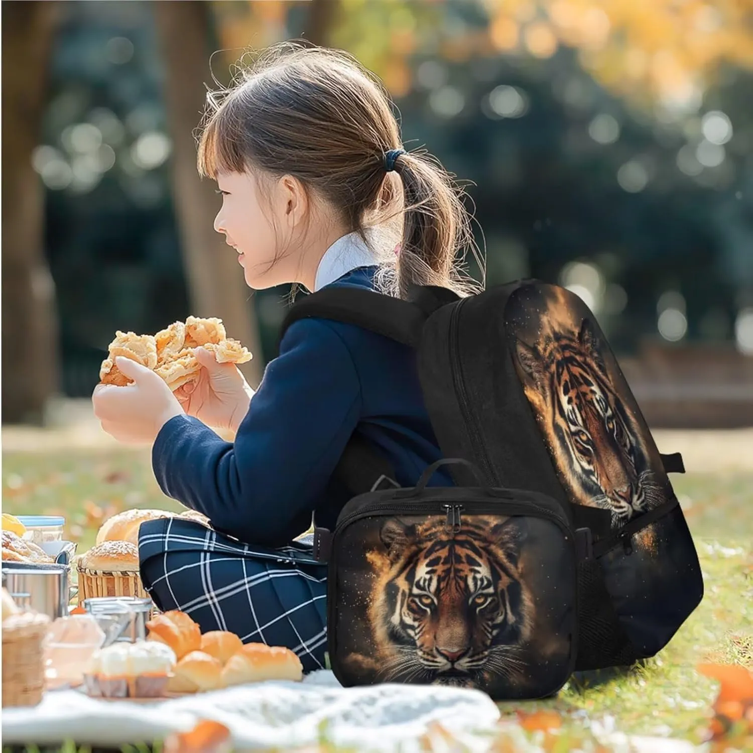 HUGS IDEA Cool Tiger Boys Backpack 10-12 Years Old with Lunch Box Cool Animal School Backpack for Boys 17 Inch School Bag with Lunch Box and Pencil Case Lightweight Book Bags