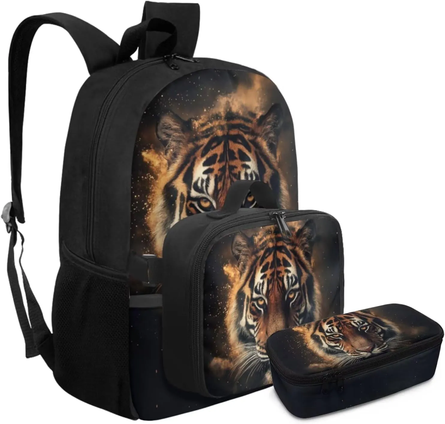 HUGS IDEA Cool Tiger Boys Backpack 10-12 Years Old with Lunch Box Cool Animal School Backpack for Boys 17 Inch School Bag with Lunch Box and Pencil Case Lightweight Book Bags