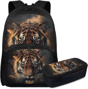 HUGS IDEA Cool Tiger Boys Backpack 10-12 Years Old with Lunch Box Cool Animal School Backpack for Boys 17 Inch School Bag with Lunch Box and Pencil Case Lightweight Book Bags
