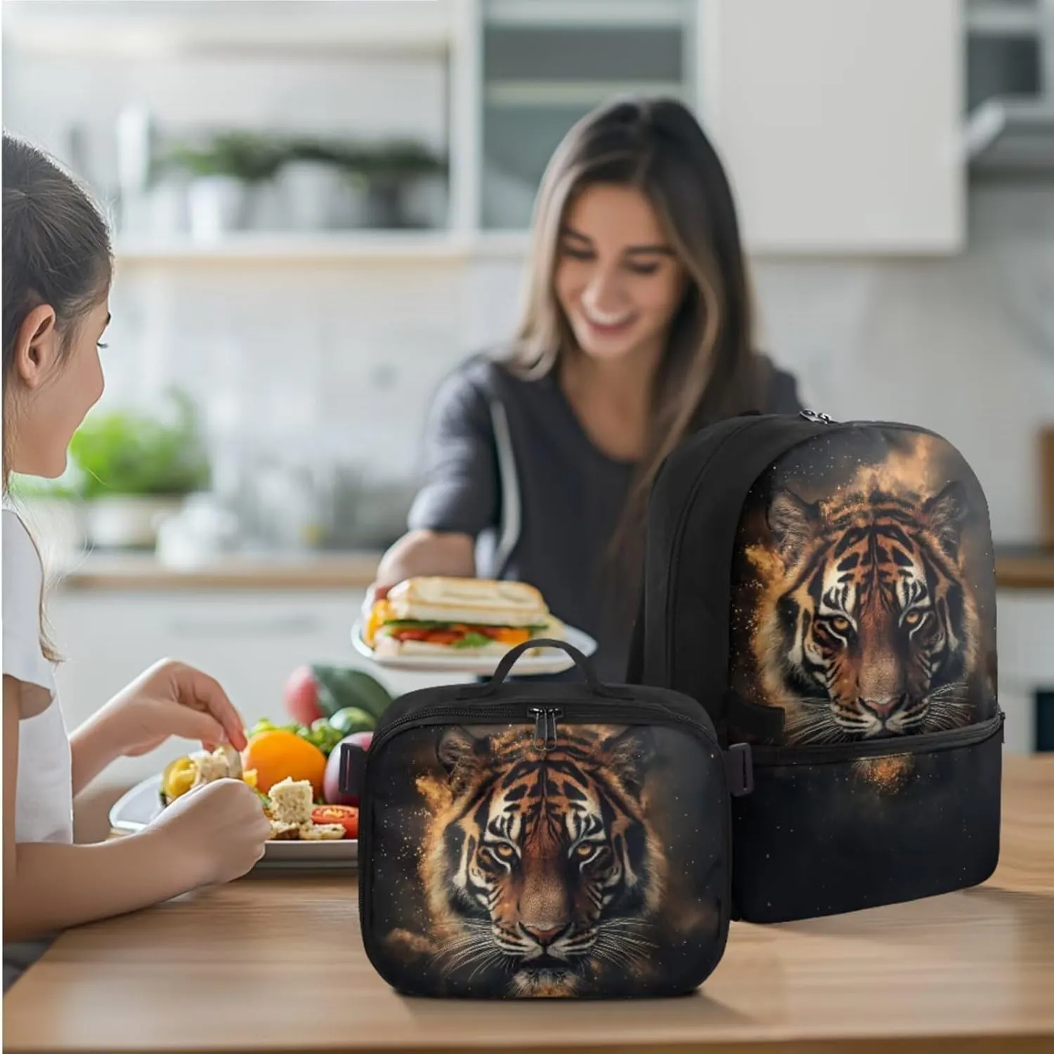 HUGS IDEA Cool Tiger Boys Backpack 10-12 Years Old with Lunch Box Cool Animal School Backpack for Boys 17 Inch School Bag with Lunch Box and Pencil Case Lightweight Book Bags