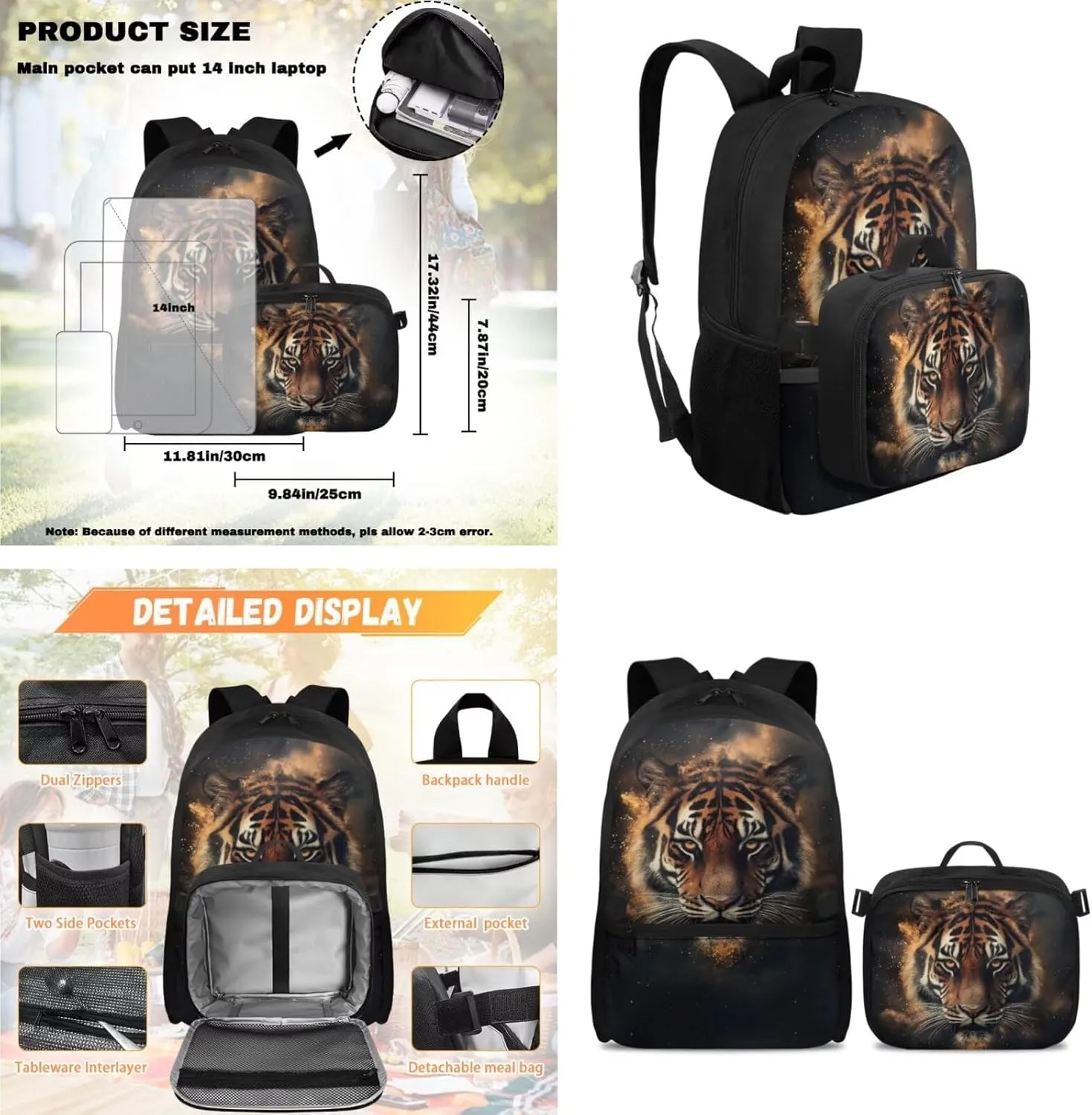 HUGS IDEA Cool Tiger Boys Backpack 10-12 Years Old with Lunch Box Cool Animal School Backpack for Boys 17 Inch School Bag with Lunch Box and Pencil Case Lightweight Book Bags