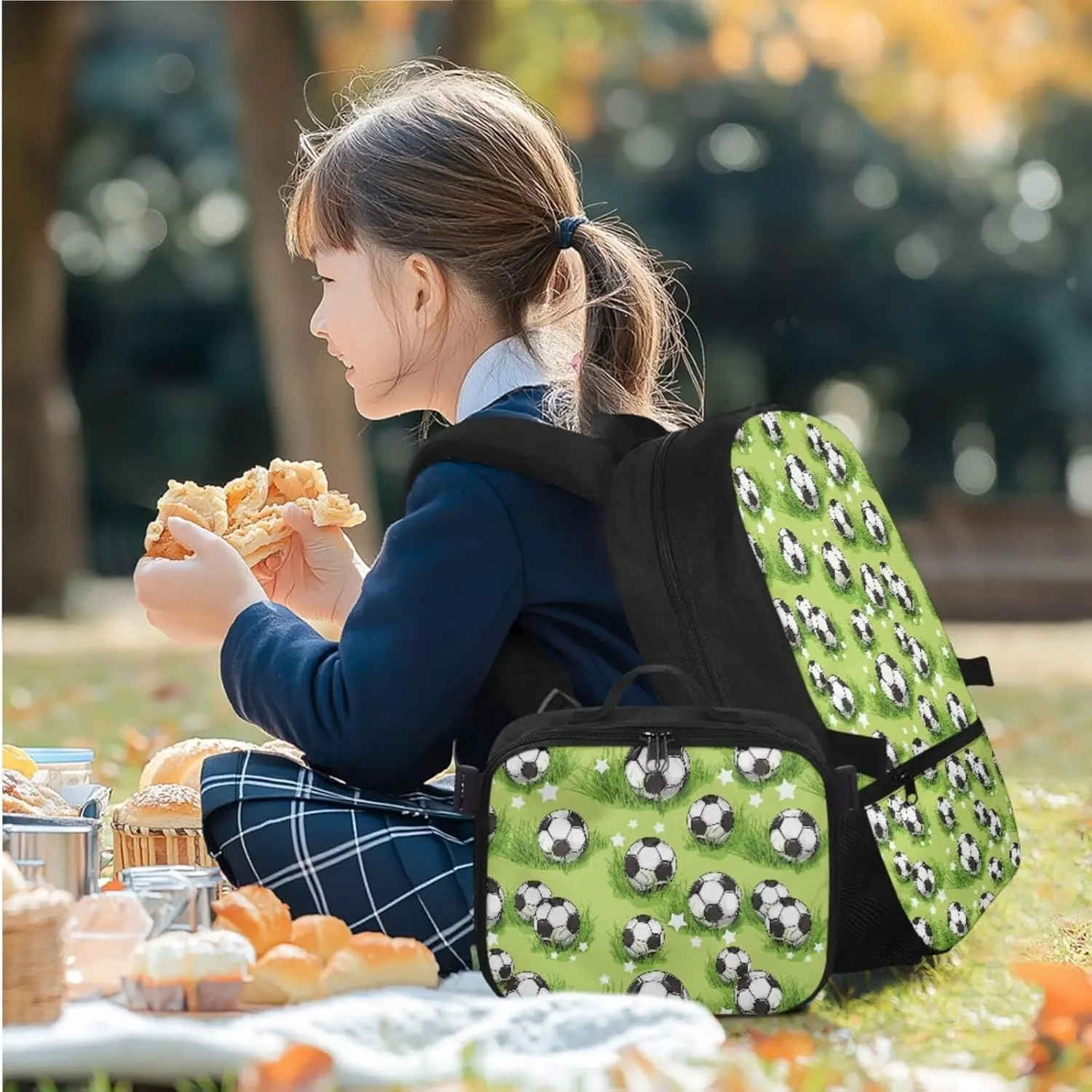 HUGS IDEA Grassland Football Boys Backpack for School 3 Pcs School Backpack for Elementary Kids Cool Soccer School Bag with Lunch Box for Kids Portable Lunchbox for Travel Camping