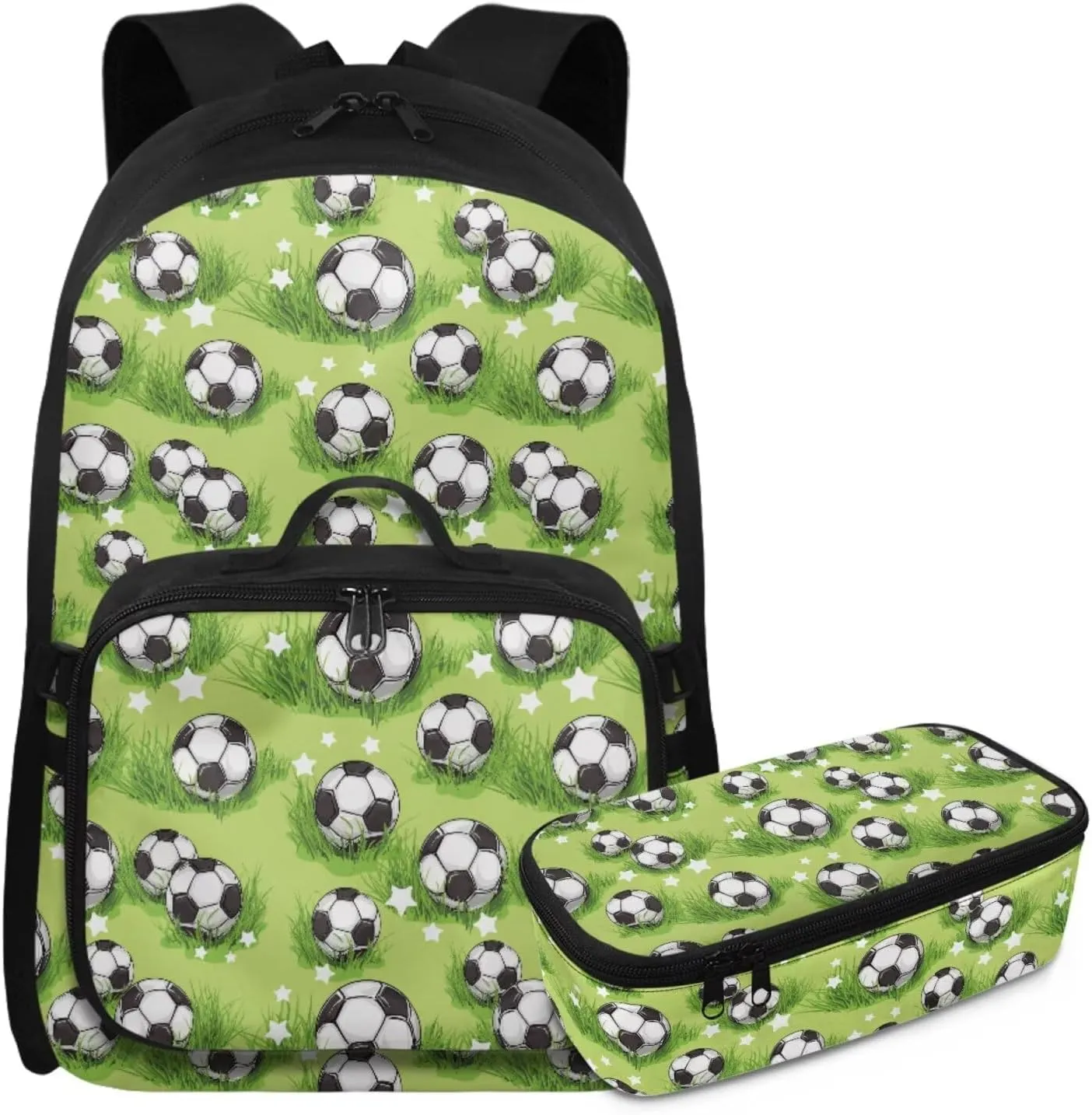 HUGS IDEA Grassland Football Boys Backpack for School 3 Pcs School Backpack for Elementary Kids Cool Soccer School Bag with Lunch Box for Kids Portable Lunchbox for Travel Camping