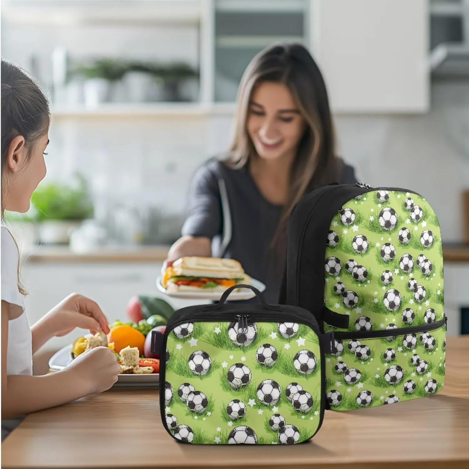 HUGS IDEA Grassland Football Boys Backpack for School 3 Pcs School Backpack for Elementary Kids Cool Soccer School Bag with Lunch Box for Kids Portable Lunchbox for Travel Camping