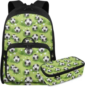 HUGS IDEA Grassland Football Boys Backpack for School 3 Pcs School Backpack for Elementary Kids Cool Soccer School Bag with Lunch Box for Kids Portable Lunchbox for Travel Camping