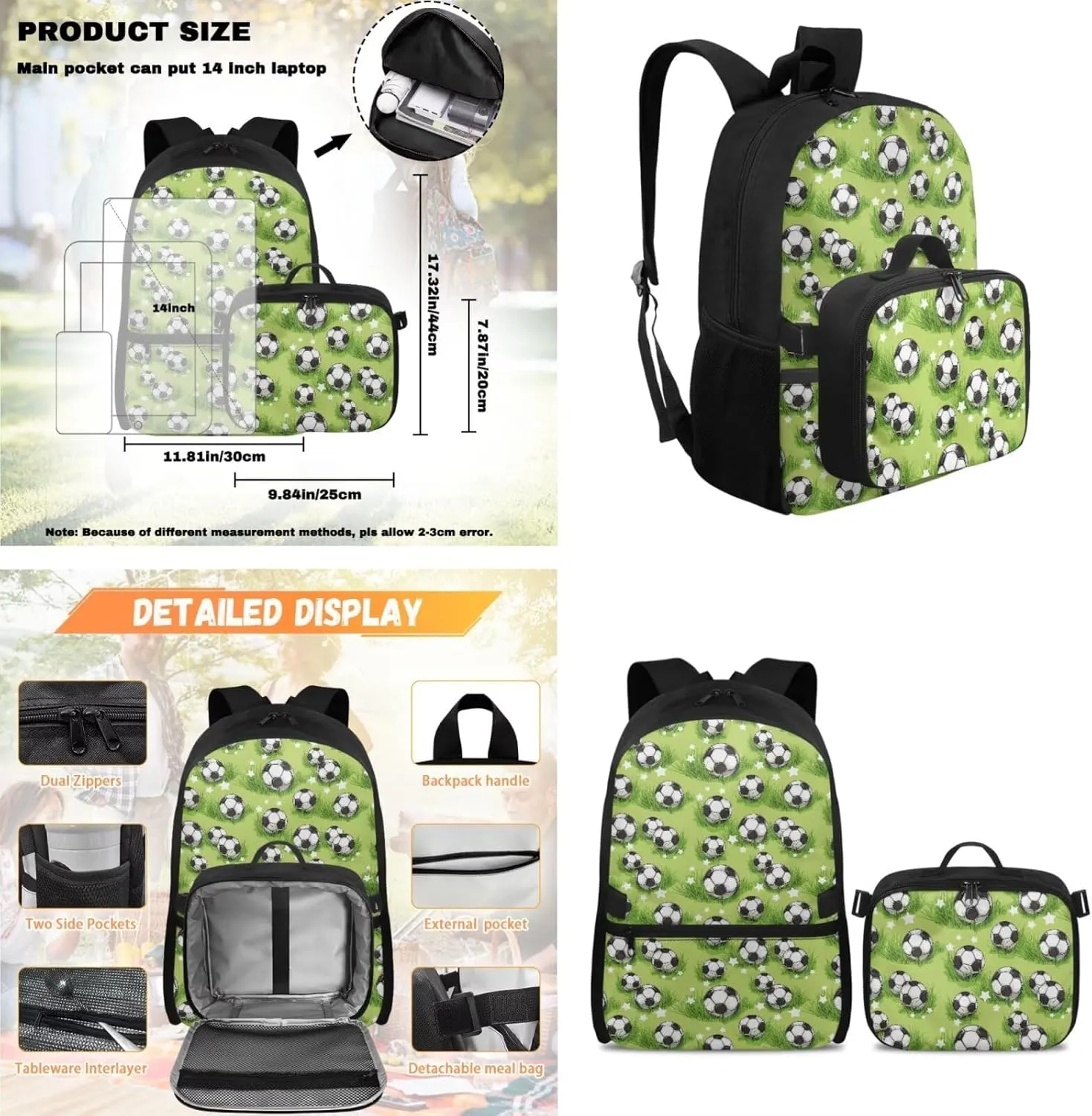 HUGS IDEA Grassland Football Boys Backpack for School 3 Pcs School Backpack for Elementary Kids Cool Soccer School Bag with Lunch Box for Kids Portable Lunchbox for Travel Camping