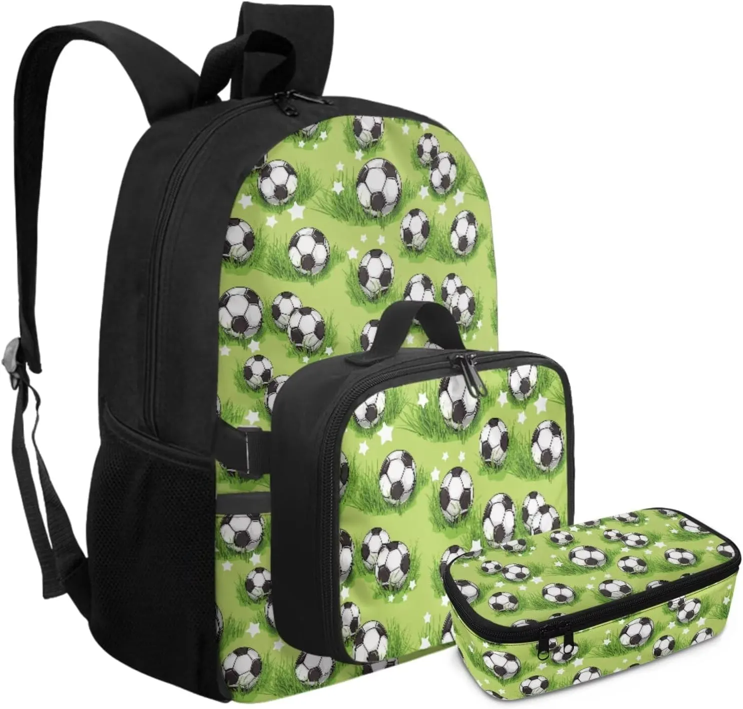 HUGS IDEA Grassland Football Boys Backpack for School 3 Pcs School Backpack for Elementary Kids Cool Soccer School Bag with Lunch Box for Kids Portable Lunchbox for Travel Camping