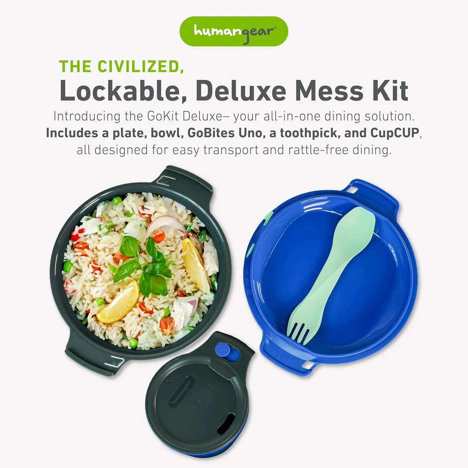humangear GoKit Deluxe: 7-Tool Lightweight Camping Mess Kit with Portable Insulated Cup, Camping Plate, Bowl, Utensil, and Toothpick - Ideal On-The-Go Camping Solution