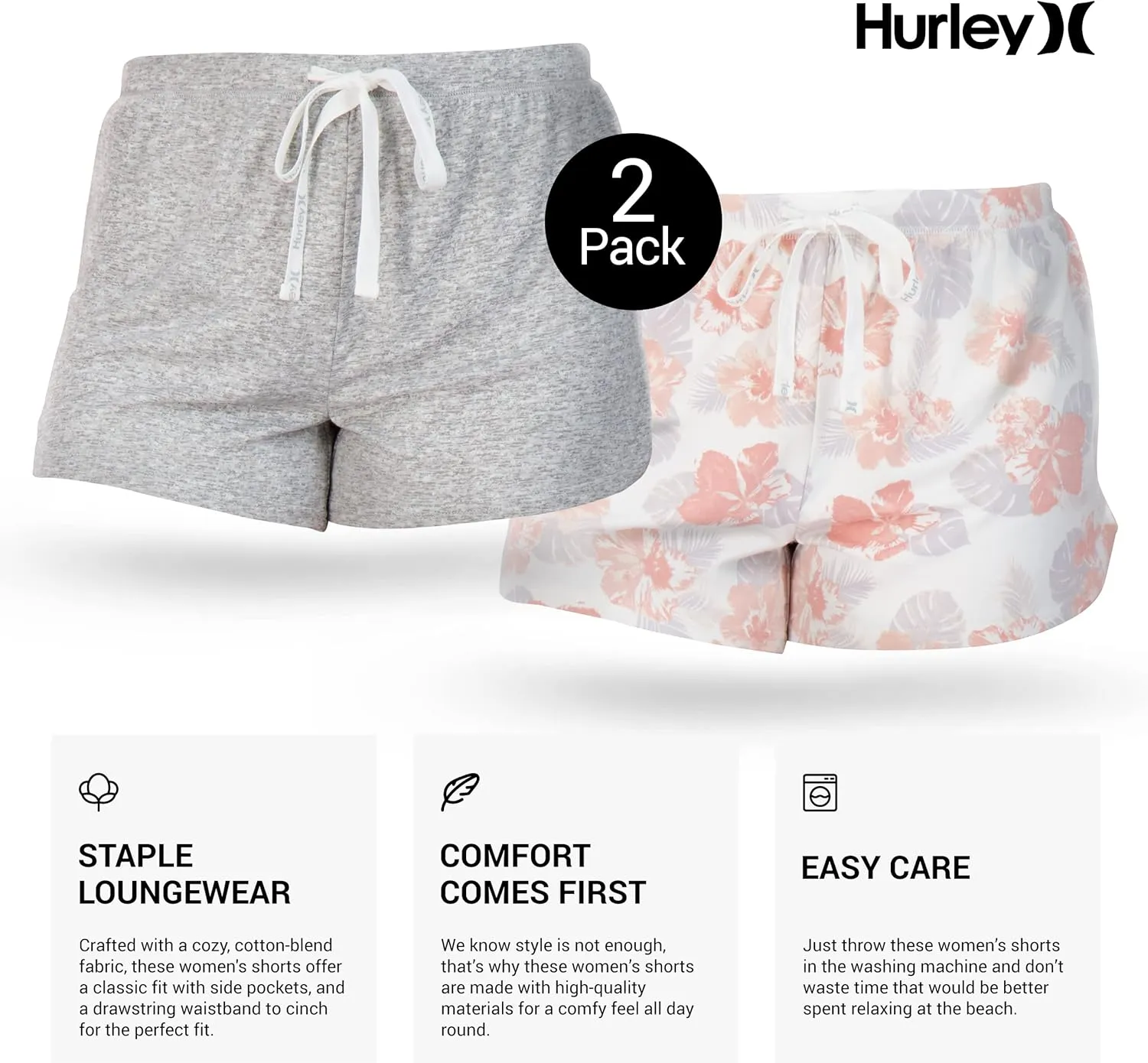 Hurley Pajama Shorts for Women, Hot Summer Shorts for Women Lounge Shorts, Fun Cute Comfy Sleep Shorts for Women 2-Pack