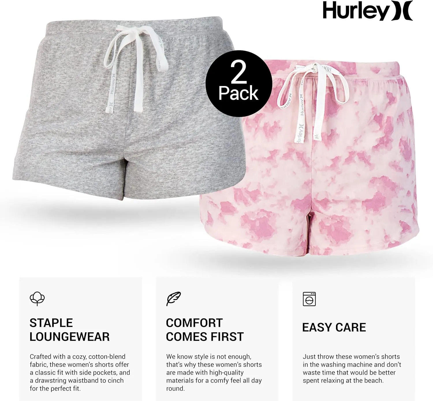 Hurley Pajama Shorts for Women, Hot Summer Shorts for Women Lounge Shorts, Fun Cute Comfy Sleep Shorts for Women 2-Pack