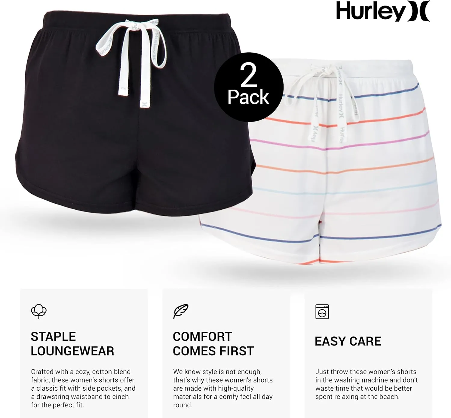 Hurley Pajama Shorts for Women, Hot Summer Shorts for Women Lounge Shorts, Fun Cute Comfy Sleep Shorts for Women 2-Pack