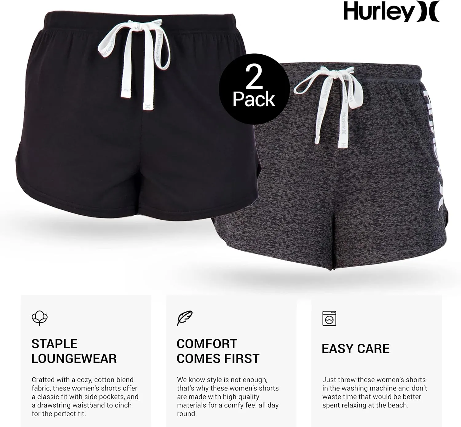 Hurley Pajama Shorts for Women, Hot Summer Shorts for Women Lounge Shorts, Fun Cute Comfy Sleep Shorts for Women 2-Pack