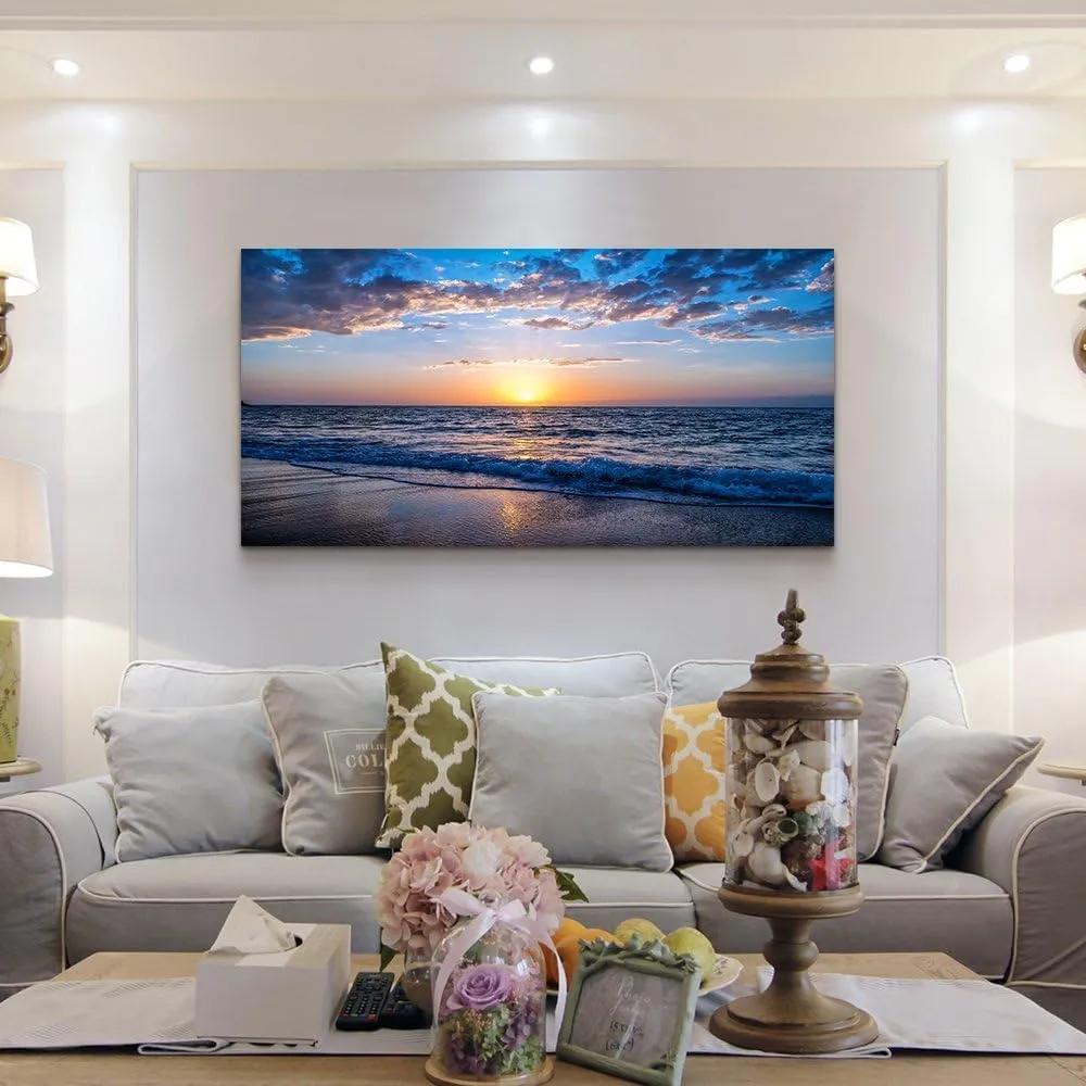 hyidecorart Wall Art Moon Sea blue Ocean Landscape Paintings Bedroom Canvas Art Print wall art for living room Paintings for Wall Decor and Home Decor (20 x 40inch x 1pcs)