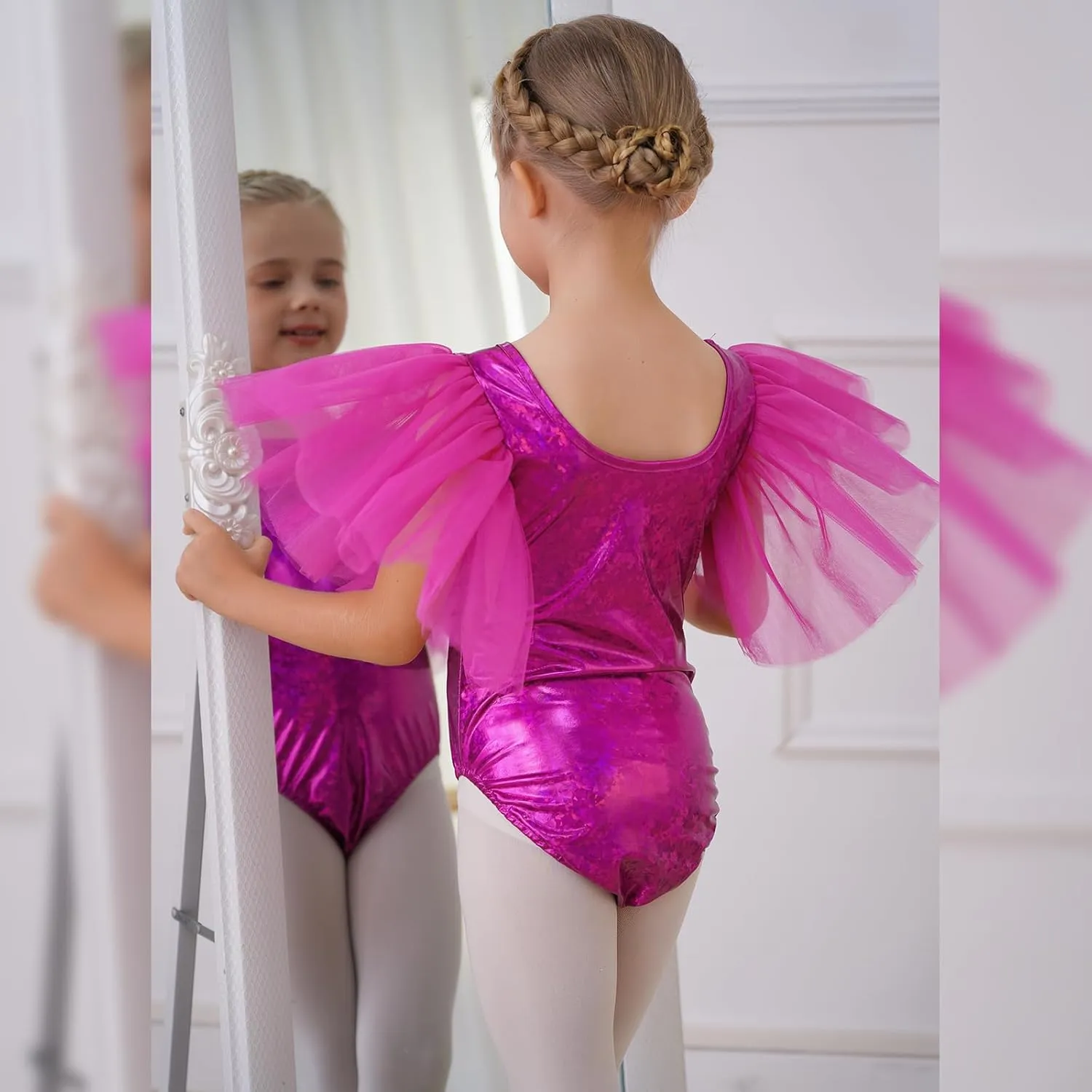 IBAKOM Ballet Leotard for Girls Metallic Flutter Sleeve Halloween Dance Outfit Gymnastics Leotards Kid Xmas Acrobat Costume