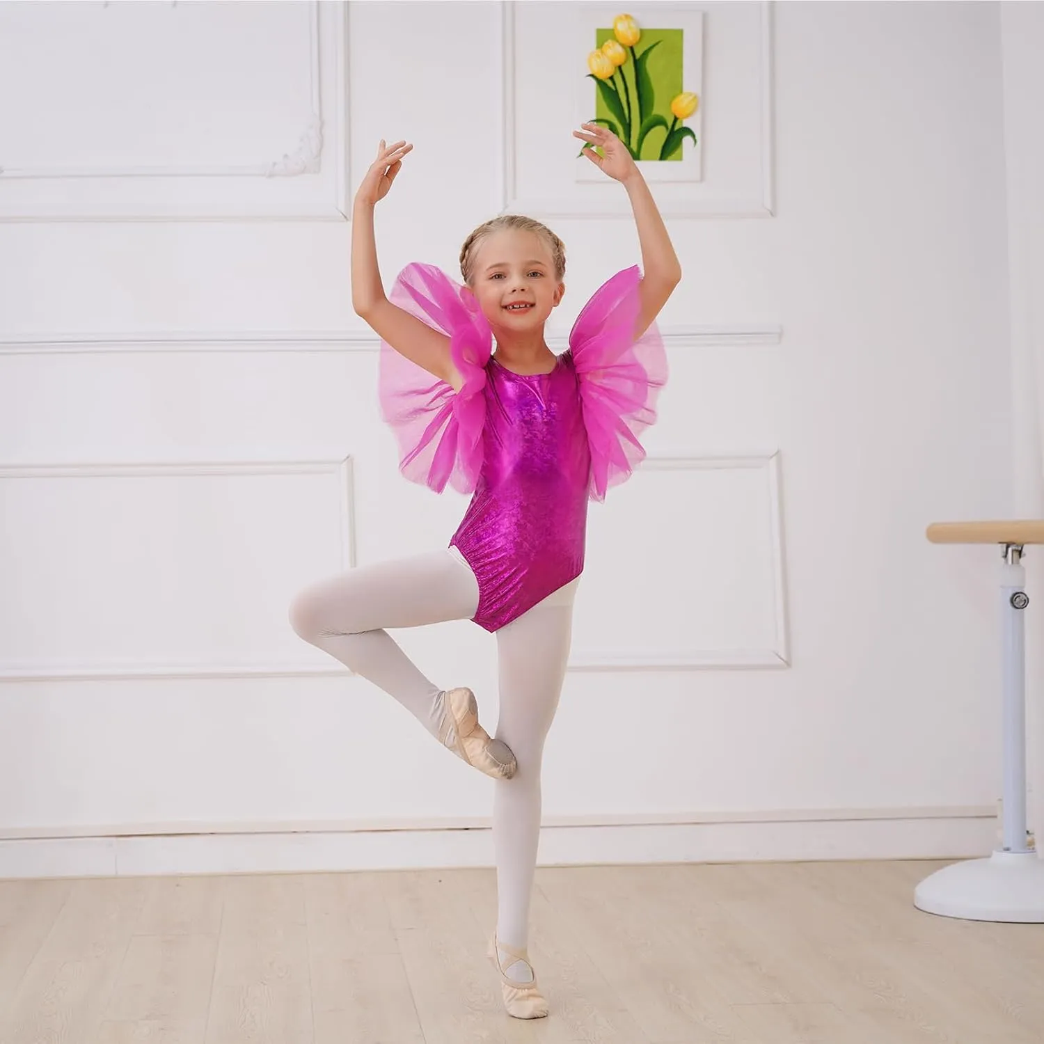 IBAKOM Ballet Leotard for Girls Metallic Flutter Sleeve Halloween Dance Outfit Gymnastics Leotards Kid Xmas Acrobat Costume
