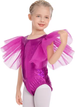 IBAKOM Ballet Leotard for Girls Metallic Flutter Sleeve Halloween Dance Outfit Gymnastics Leotards Kid Xmas Acrobat Costume