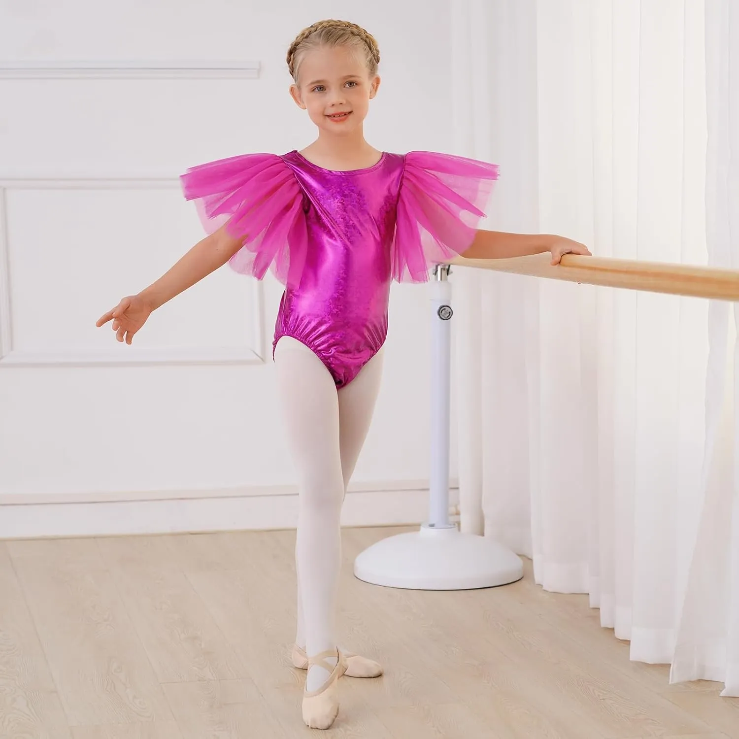 IBAKOM Ballet Leotard for Girls Metallic Flutter Sleeve Halloween Dance Outfit Gymnastics Leotards Kid Xmas Acrobat Costume