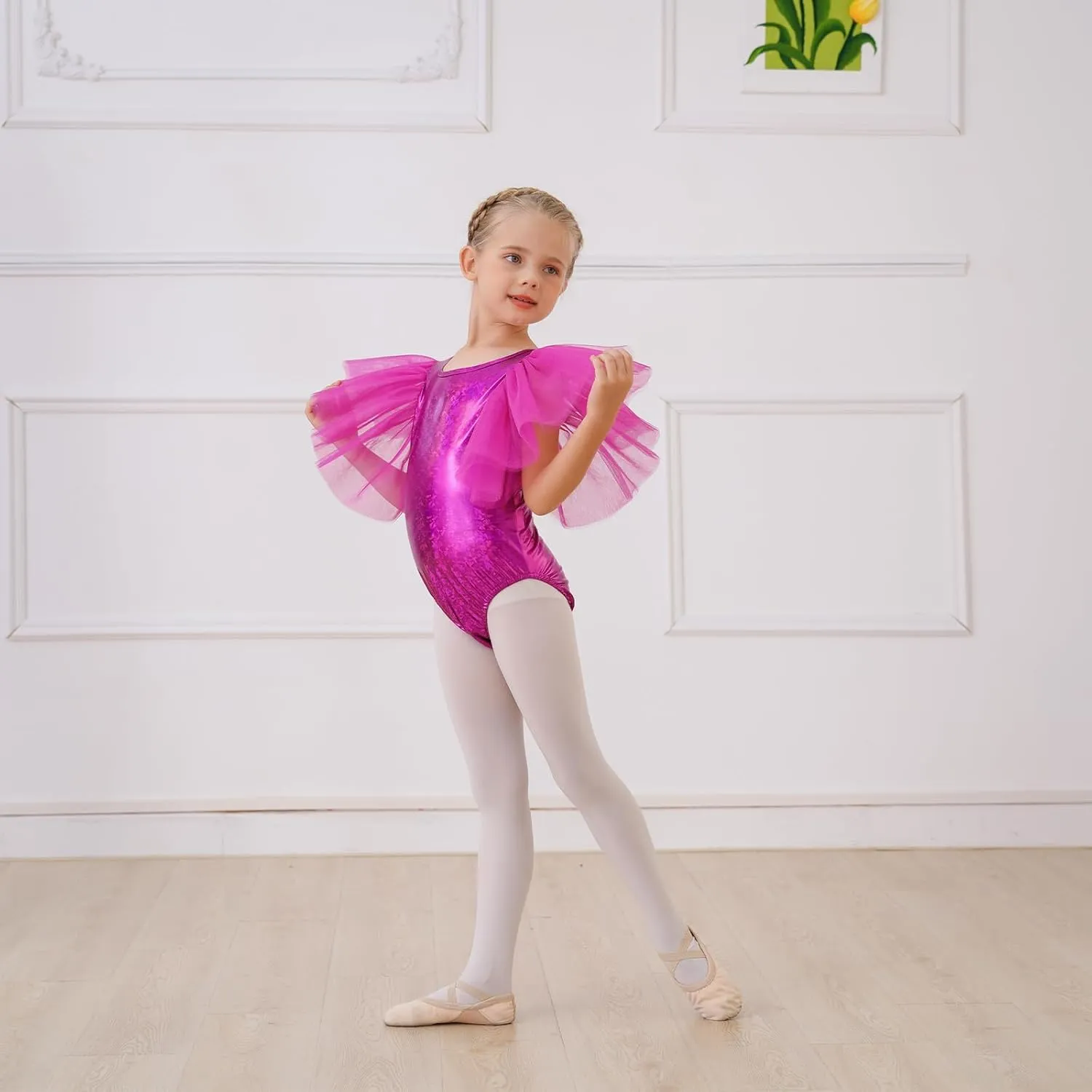 IBAKOM Ballet Leotard for Girls Metallic Flutter Sleeve Halloween Dance Outfit Gymnastics Leotards Kid Xmas Acrobat Costume