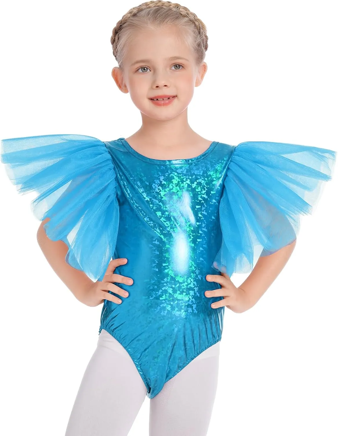 IBAKOM Ballet Leotard for Girls Metallic Flutter Sleeve Halloween Dance Outfit Gymnastics Leotards Kid Xmas Acrobat Costume