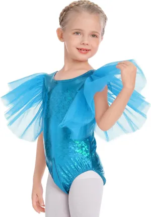 IBAKOM Ballet Leotard for Girls Metallic Flutter Sleeve Halloween Dance Outfit Gymnastics Leotards Kid Xmas Acrobat Costume