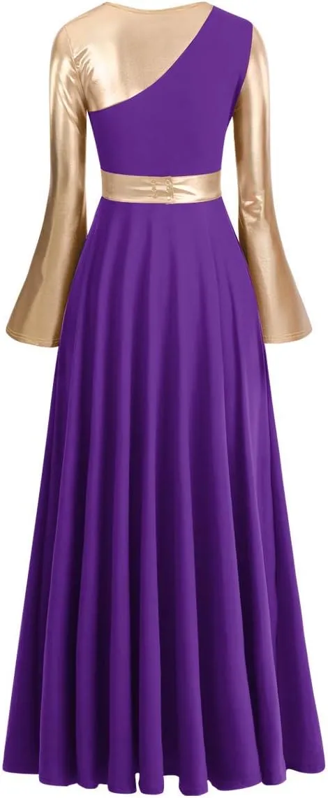 IBAKOM Liturgical Praise Dance Worship Long Dress for Women Metallic Gold Color Block Loose Fit Full Length Church Dancewear
