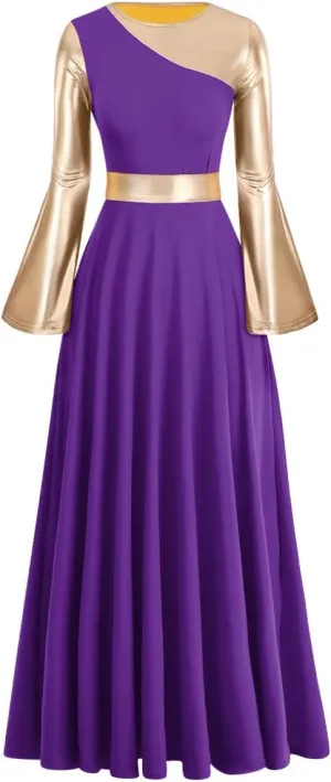 IBAKOM Liturgical Praise Dance Worship Long Dress for Women Metallic Gold Color Block Loose Fit Full Length Church Dancewear