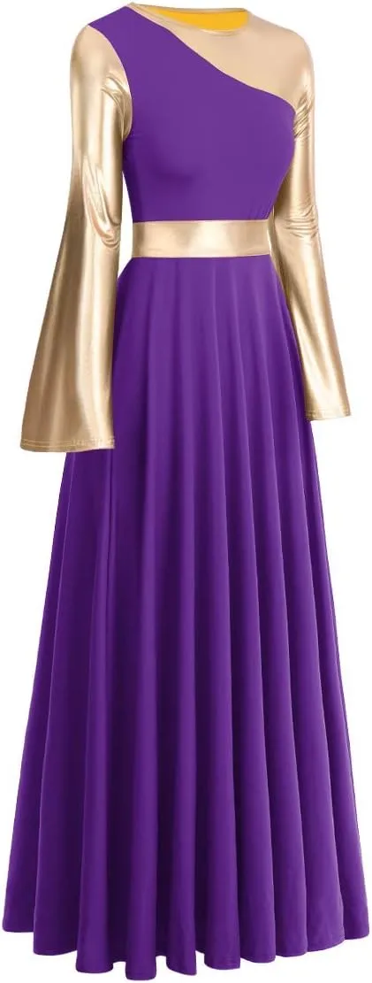 IBAKOM Liturgical Praise Dance Worship Long Dress for Women Metallic Gold Color Block Loose Fit Full Length Church Dancewear
