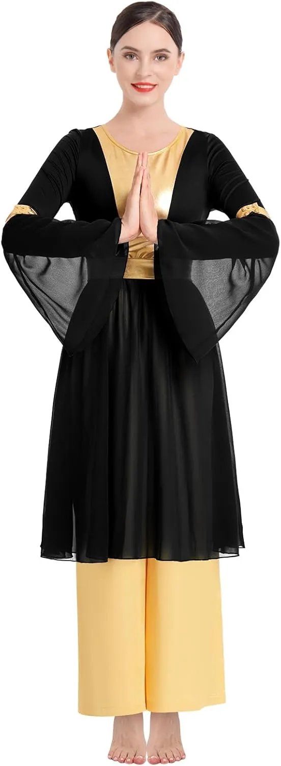 IBAKOM Praise Dance Dress for Women Long Dance Overlay and Tunic Gold Baggy Pant Lyrical Worship Liturgical Dancewear Worship