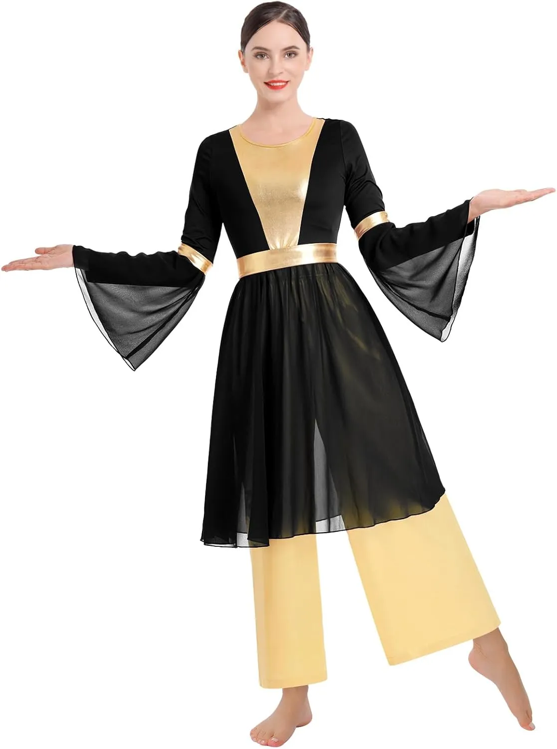 IBAKOM Praise Dance Dress for Women Long Dance Overlay and Tunic Gold Baggy Pant Lyrical Worship Liturgical Dancewear Worship