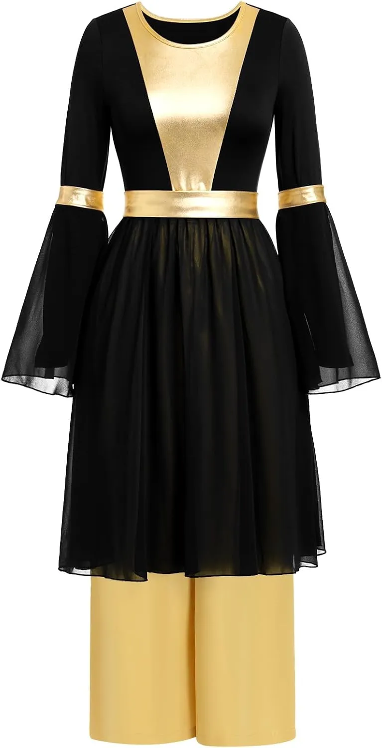 IBAKOM Praise Dance Dress for Women Long Dance Overlay and Tunic Gold Baggy Pant Lyrical Worship Liturgical Dancewear Worship