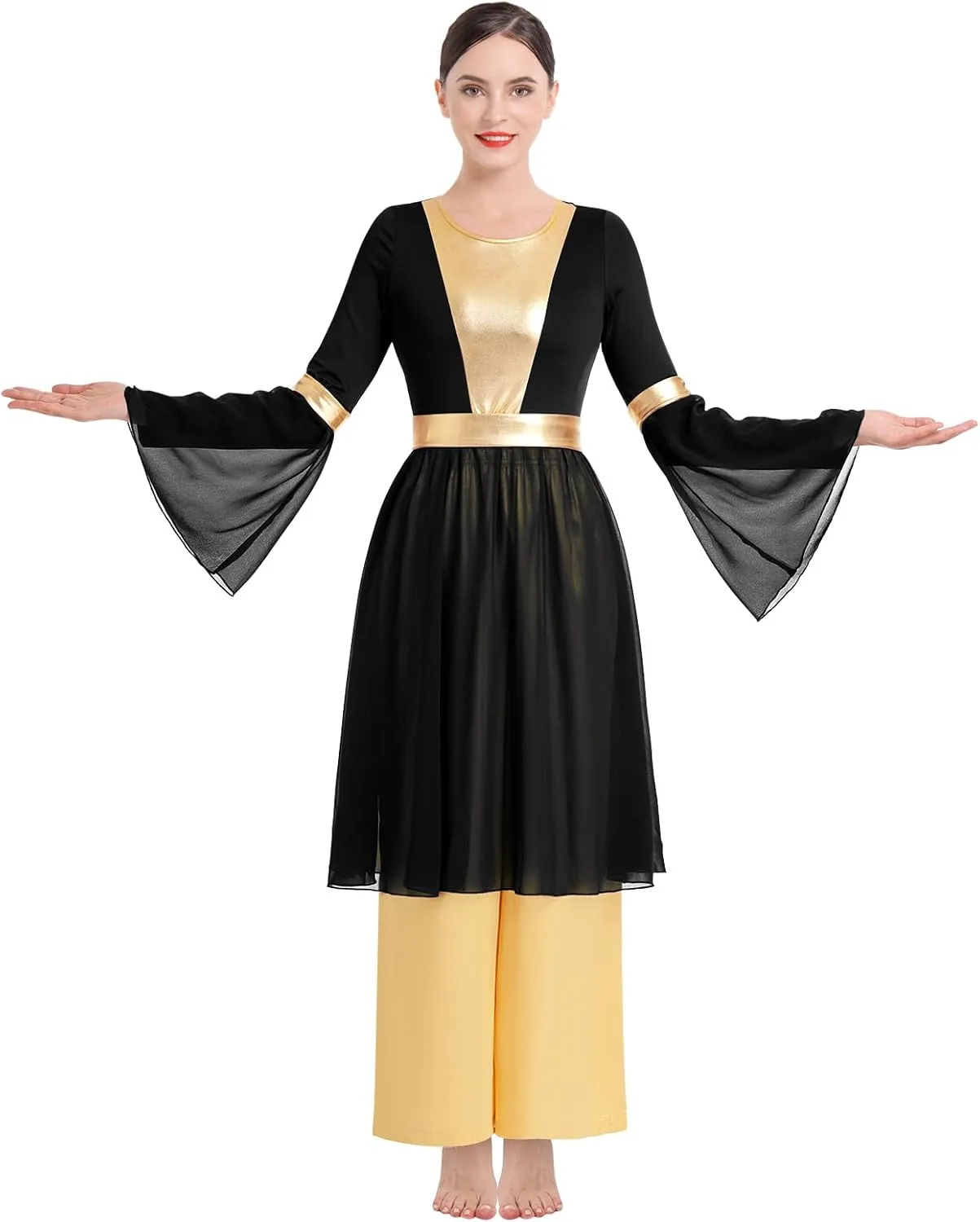 IBAKOM Praise Dance Dress for Women Long Dance Overlay and Tunic Gold Baggy Pant Lyrical Worship Liturgical Dancewear Worship
