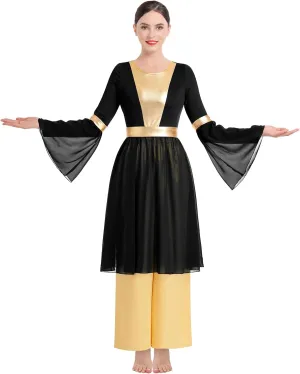 IBAKOM Praise Dance Dress for Women Long Dance Overlay and Tunic Gold Baggy Pant Lyrical Worship Liturgical Dancewear Worship
