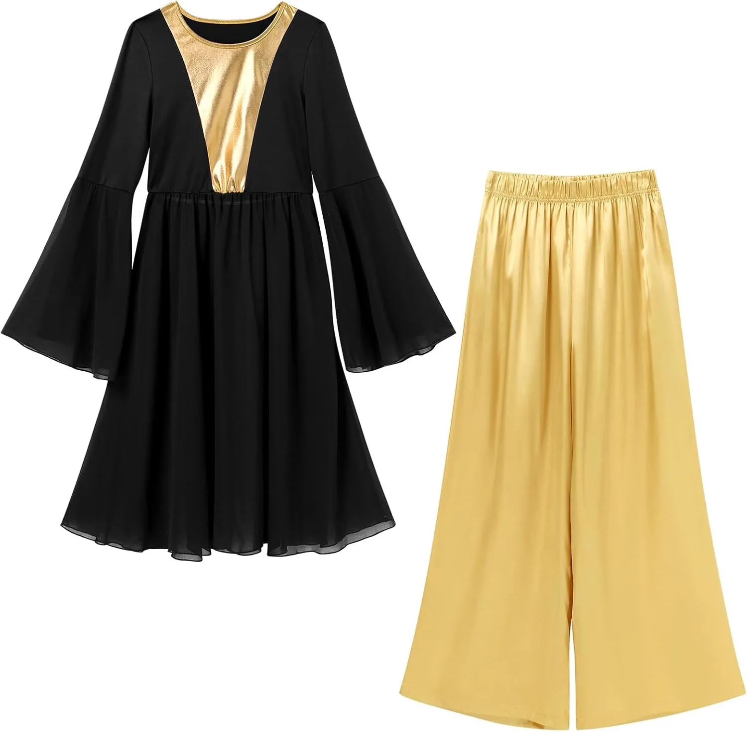 IBAKOM Praise Dance Dress for Women Long Dance Overlay and Tunic Gold Baggy Pant Lyrical Worship Liturgical Dancewear Worship