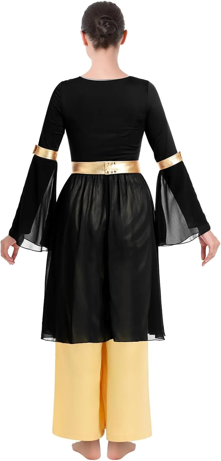 IBAKOM Praise Dance Dress for Women Long Dance Overlay and Tunic Gold Baggy Pant Lyrical Worship Liturgical Dancewear Worship