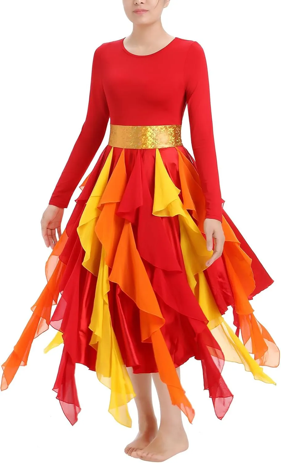 IBAKOM Praise Dance Dress Women Gold Metallic Waist Hankerchief Skirt Dance Overlay and Tunic Worship Liturgical Dancewear