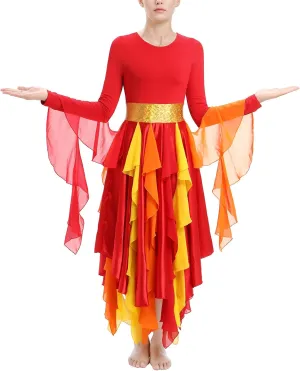 IBAKOM Praise Dance Dress Women Gold Metallic Waist Hankerchief Skirt Dance Overlay and Tunic Worship Liturgical Dancewear