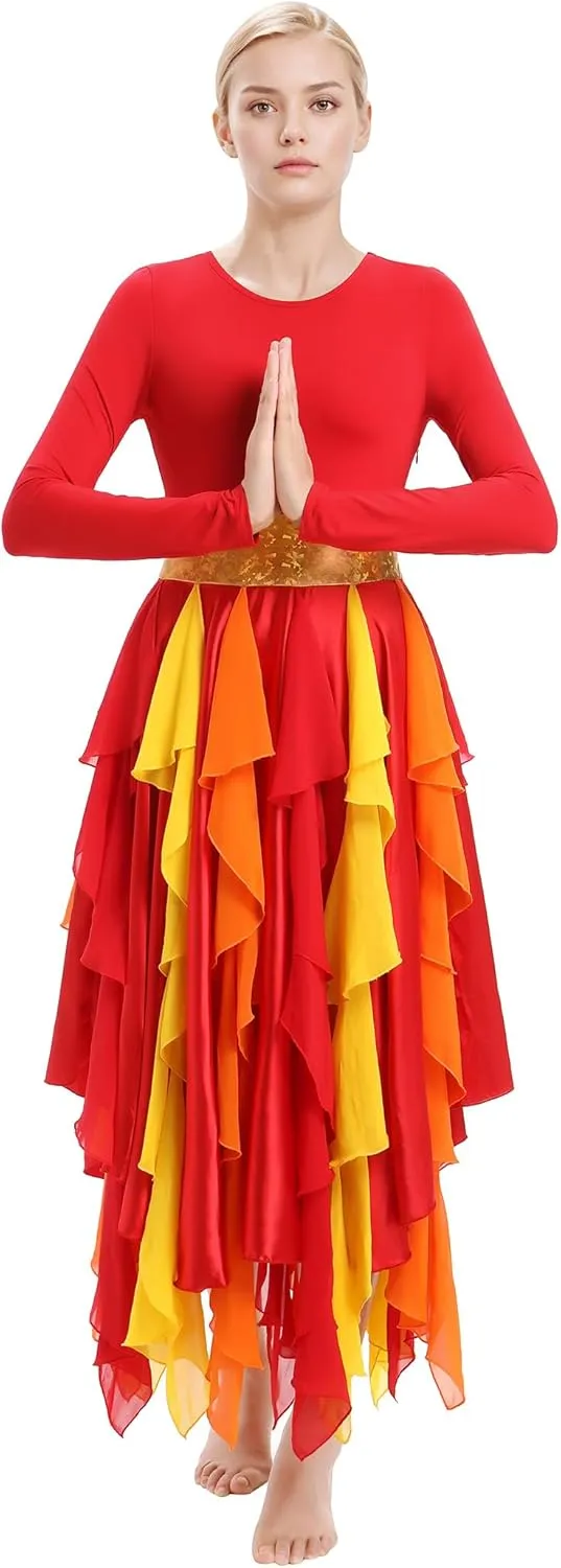 IBAKOM Praise Dance Dress Women Gold Metallic Waist Hankerchief Skirt Dance Overlay and Tunic Worship Liturgical Dancewear