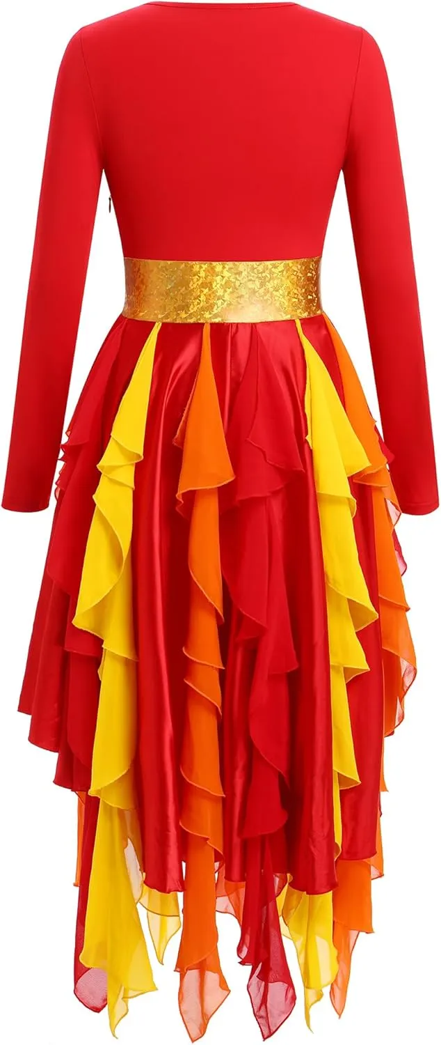IBAKOM Praise Dance Dress Women Gold Metallic Waist Hankerchief Skirt Dance Overlay and Tunic Worship Liturgical Dancewear