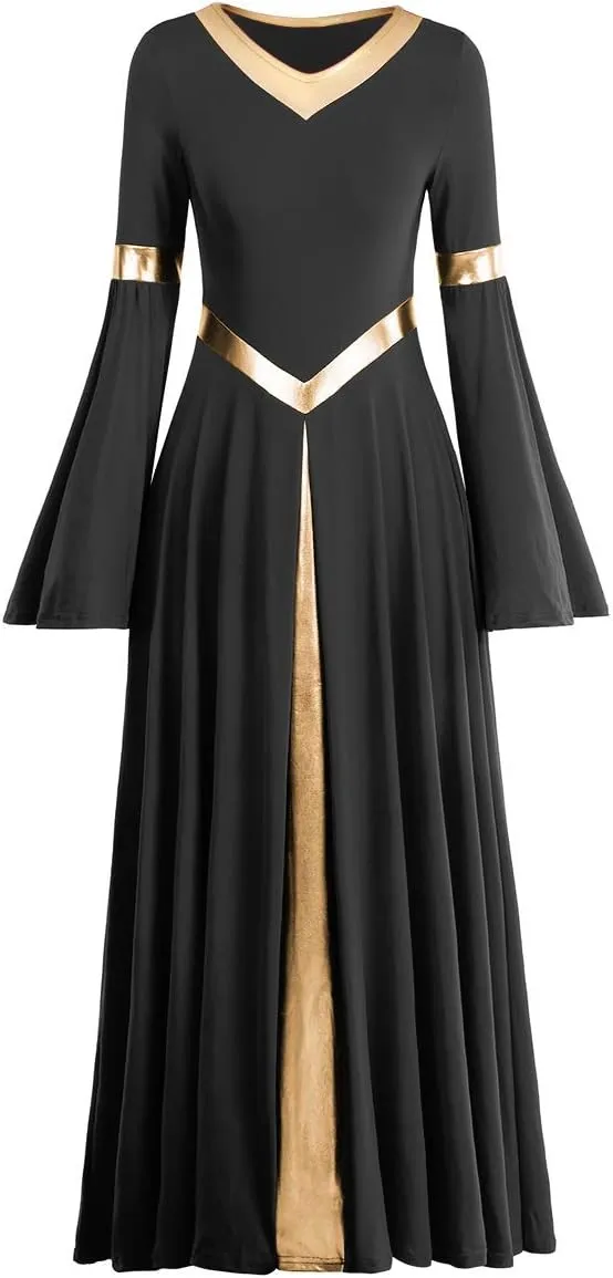 IBAKOM Praise Liturgical Dance Costume for Women Loose Fit Full Length Metallic Gold V-Neck Worship Long Dress Dancewear