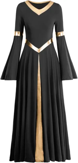 IBAKOM Praise Liturgical Dance Costume for Women Loose Fit Full Length Metallic Gold V-Neck Worship Long Dress Dancewear