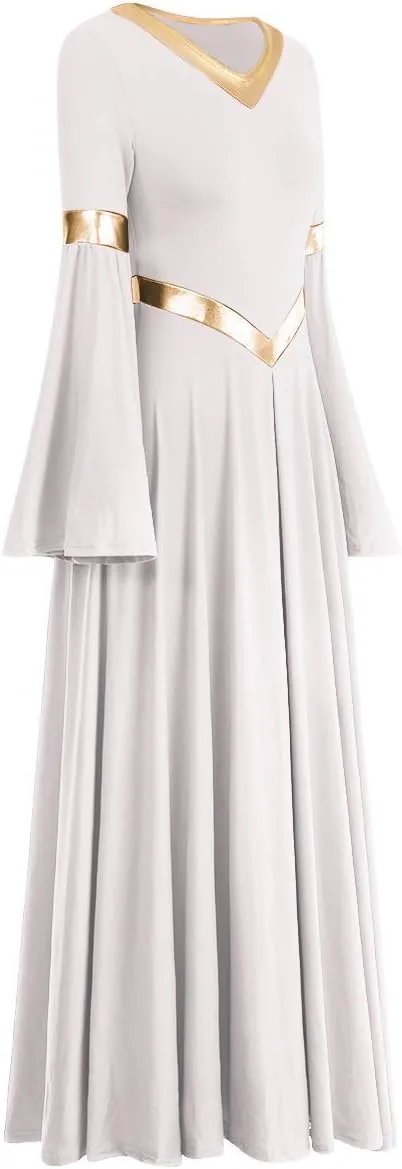 IBAKOM Praise Liturgical Dance Costume for Women Loose Fit Full Length Metallic Gold V-Neck Worship Long Dress Dancewear